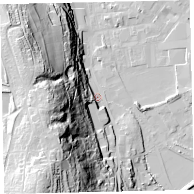 Shaded relief map of the ground around CA289DL, computed from Environment Agency LiDAR. The ground here sits at about 10 m above sea level and falls 85 m across the surrounding 800 m. Surface water reaching this point runs off ground lying to the west-south-west, 68.5 m higher.