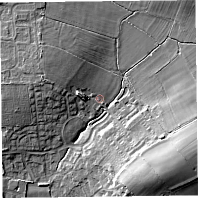Shaded relief map of the ground around CA30BF, computed from Environment Agency LiDAR. The ground here sits at about 21 m above sea level and falls 15 m across the surrounding 800 m. Surface water reaching this point runs off ground lying to the west-north-west, 7.8 m higher.