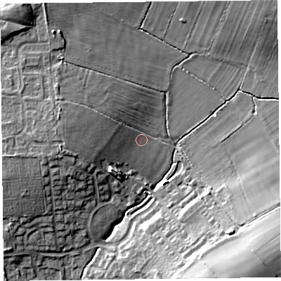 Shaded relief map of the ground around CA30FG, computed from Environment Agency LiDAR. The ground here sits at about 22 m above sea level and falls 15 m across the surrounding 800 m. Surface water reaching this point runs off ground lying to the west-north-west, 7.9 m higher.