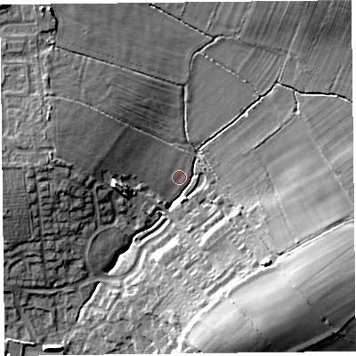 Shaded relief map of the ground around CA30FH, computed from Environment Agency LiDAR. The ground here sits at about 20 m above sea level and falls 15 m across the surrounding 800 m. Surface water reaching this point runs off ground lying to the south-south-east, 14.6 m higher.