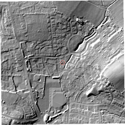 Shaded relief map of the ground around CA30PE, computed from Environment Agency LiDAR. The ground here sits at about 19 m above sea level and falls 16 m across the surrounding 800 m. Surface water reaching this point runs off ground lying to the east, 15.0 m higher.