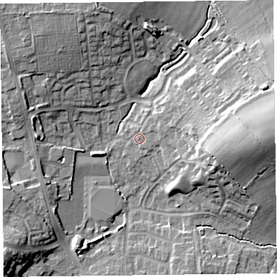 Shaded relief map of the ground around CA30PF, computed from Environment Agency LiDAR. The ground here sits at about 21 m above sea level and falls 17 m across the surrounding 800 m. Surface water reaching this point runs off ground lying to the east-north-east, 2.8 m higher.