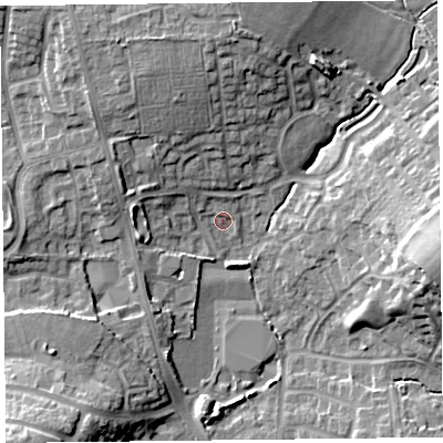 Shaded relief map of the ground around CA30QG, computed from Environment Agency LiDAR. The ground here sits at about 19 m above sea level and falls 15 m across the surrounding 800 m. Surface water reaching this point runs off ground lying to the north-west, 2.1 m higher.