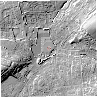 Shaded relief map of the ground around CA30QZ, computed from Environment Agency LiDAR. The ground here sits at about 19 m above sea level and falls 16 m across the surrounding 800 m. Surface water reaching this point runs off ground lying to the south-west, 4.9 m higher.