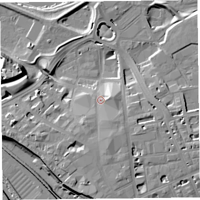 Shaded relief map of the ground around CA38PY, computed from Environment Agency LiDAR. The ground here sits at about 19 m above sea level and falls 19 m across the surrounding 800 m. Surface water reaching this point runs off ground lying to the south-south-west, 7.2 m higher.