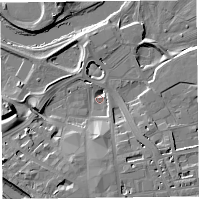 Shaded relief map of the ground around CA38QG, computed from Environment Agency LiDAR. The ground here sits at about 13 m above sea level and falls 19 m across the surrounding 800 m. Surface water reaching this point runs off ground lying to the south-south-west, 14.6 m higher.