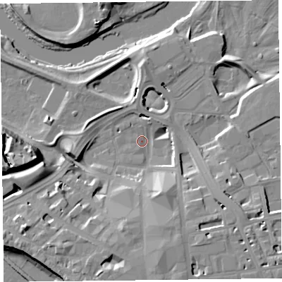 Shaded relief map of the ground around CA38QH, computed from Environment Agency LiDAR. The ground here sits at about 13 m above sea level and falls 19 m across the surrounding 800 m. Surface water reaching this point runs off ground lying to the south, 14.6 m higher.