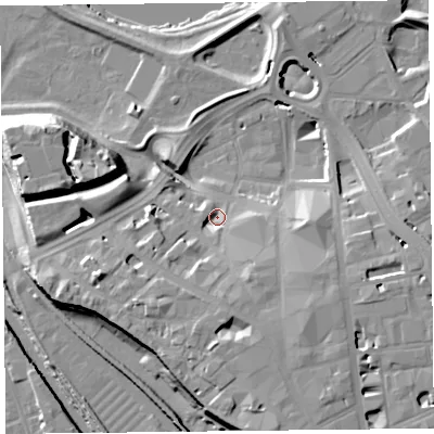 Shaded relief map of the ground around CA38QJ, computed from Environment Agency LiDAR. The ground here sits at about 16 m above sea level and falls 19 m across the surrounding 800 m. Surface water reaching this point runs off ground lying to the south-south-east, 7.0 m higher.