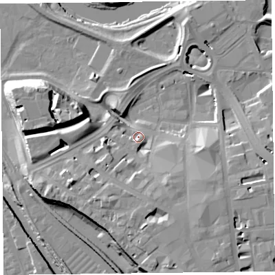 Shaded relief map of the ground around CA38QT, computed from Environment Agency LiDAR. The ground here sits at about 17 m above sea level and falls 19 m across the surrounding 800 m. Surface water reaching this point runs off ground lying to the west-south-west, 2.7 m higher.