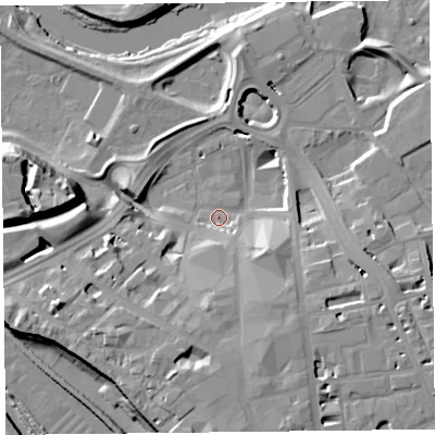 Shaded relief map of the ground around CA38QW, computed from Environment Agency LiDAR. The ground here sits at about 14 m above sea level and falls 19 m across the surrounding 800 m. Surface water reaching this point runs off ground lying to the south, 13.4 m higher.