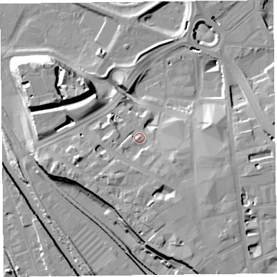 Shaded relief map of the ground around CA38RH, computed from Environment Agency LiDAR. The ground here sits at about 20 m above sea level and falls 18 m across the surrounding 800 m. Surface water reaching this point runs off ground lying to the south-south-east, 7.0 m higher.