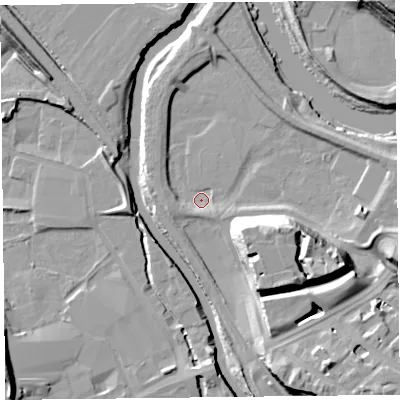 Shaded relief map of the ground around CA38UL, computed from Environment Agency LiDAR. The ground here sits at about 12 m above sea level and falls 19 m across the surrounding 800 m. Surface water reaching this point runs off ground lying to the east-south-east, 16.5 m higher.