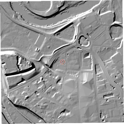 Shaded relief map of the ground around CA38UY, computed from Environment Agency LiDAR. The ground here sits at about 14 m above sea level and falls 19 m across the surrounding 800 m. Surface water reaching this point runs off ground lying to the south, 15.0 m higher.