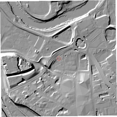 Shaded relief map of the ground around CA38XA, computed from Environment Agency LiDAR. The ground here sits at about 13 m above sea level and falls 19 m across the surrounding 800 m. Surface water reaching this point runs off ground lying to the west-south-west, 16.9 m higher.
