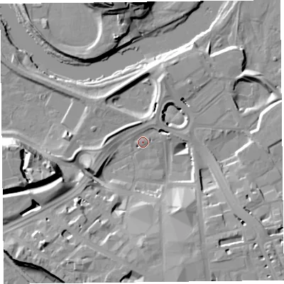 Shaded relief map of the ground around CA38XB, computed from Environment Agency LiDAR. The ground here sits at about 14 m above sea level and falls 19 m across the surrounding 800 m. Surface water reaching this point runs off ground lying to the west-south-west, 16.9 m higher.