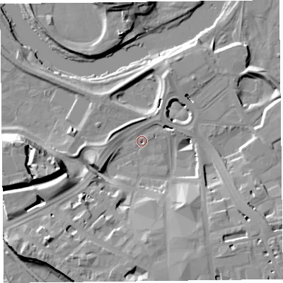 Shaded relief map of the ground around CA38XD, computed from Environment Agency LiDAR. The ground here sits at about 13 m above sea level and falls 19 m across the surrounding 800 m. Surface water reaching this point runs off ground lying to the west-south-west, 16.9 m higher.