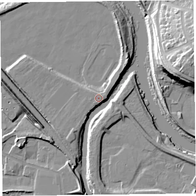 Shaded relief map of the ground around CA38XL, computed from Environment Agency LiDAR. The ground here sits at about 14 m above sea level and falls 23 m across the surrounding 800 m. Surface water reaching this point runs off ground lying to the south-west, 1.4 m higher.
