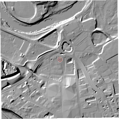 Shaded relief map of the ground around CA38XP, computed from Environment Agency LiDAR. The ground here sits at about 13 m above sea level and falls 19 m across the surrounding 800 m. Surface water reaching this point runs off ground lying to the south-south-west, 14.3 m higher.