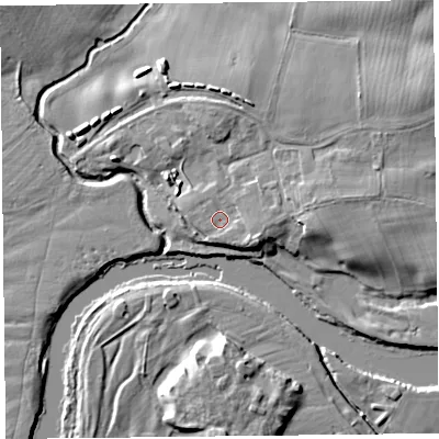Shaded relief map of the ground around CA39BF, computed from Environment Agency LiDAR. The ground here sits at about 16 m above sea level and falls 9 m across the surrounding 800 m. Surface water reaching this point runs off ground lying to the east-south-east, 2.4 m higher.