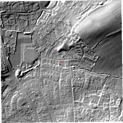 Shaded relief map of the ground around CA39ER, computed from Environment Agency LiDAR. The ground here sits at about 19 m above sea level and falls 17 m across the surrounding 800 m. Surface water reaching this point runs off ground lying to the north-east, 14.3 m higher.