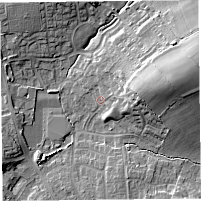 Shaded relief map of the ground around CA39HN, computed from Environment Agency LiDAR. The ground here sits at about 20 m above sea level and falls 17 m across the surrounding 800 m. Surface water reaching this point runs off ground lying to the east-north-east, 12.7 m higher.