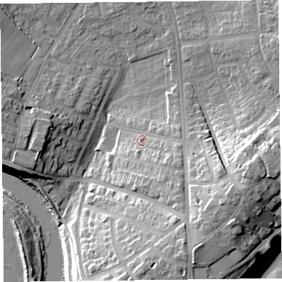 Shaded relief map of the ground around CA39HU, computed from Environment Agency LiDAR. The ground here sits at about 20 m above sea level and falls 25 m across the surrounding 800 m. Surface water reaching this point runs off ground lying to the south-south-east, 9.5 m higher.