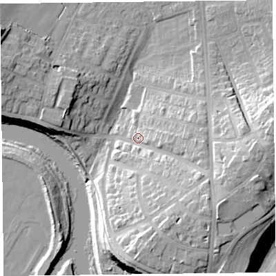 Shaded relief map of the ground around CA39JD, computed from Environment Agency LiDAR. The ground here sits at about 19 m above sea level and falls 25 m across the surrounding 800 m. Surface water reaching this point runs off ground lying to the south-east, 16.1 m higher.