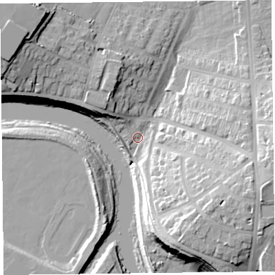 Shaded relief map of the ground around CA39JE, computed from Environment Agency LiDAR. The ground here sits at about 14 m above sea level and falls 25 m across the surrounding 800 m. Surface water reaching this point runs off ground lying to the east-south-east, 20.5 m higher.