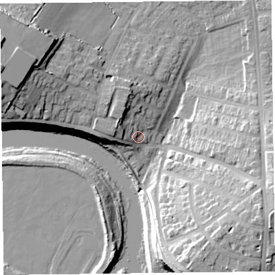 Shaded relief map of the ground around CA39JH, computed from Environment Agency LiDAR. The ground here sits at about 17 m above sea level and falls 27 m across the surrounding 800 m. Surface water reaching this point runs off ground lying to the north-west, 6.5 m higher.