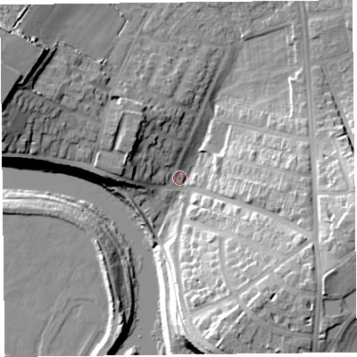 Shaded relief map of the ground around CA39JJ, computed from Environment Agency LiDAR. The ground here sits at about 15 m above sea level and falls 25 m across the surrounding 800 m. Surface water reaching this point runs off ground lying to the south-east, 19.5 m higher.