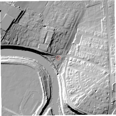Shaded relief map of the ground around CA39JQ, computed from Environment Agency LiDAR. The ground here sits at about 15 m above sea level and falls 26 m across the surrounding 800 m. Surface water reaching this point runs off ground lying to the north-west, 4.9 m higher.