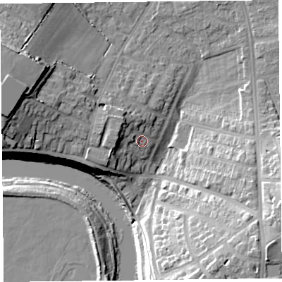 Shaded relief map of the ground around CA39JW, computed from Environment Agency LiDAR. The ground here sits at about 18 m above sea level and falls 25 m across the surrounding 800 m. Surface water reaching this point runs off ground lying to the north-west, 5.6 m higher.