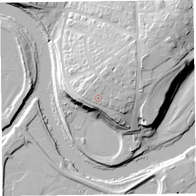 Shaded relief map of the ground around CA39ND, computed from Environment Agency LiDAR. The ground here sits at about 30 m above sea level and falls 25 m across the surrounding 800 m. Surface water reaching this point runs off ground lying to the north-north-east, 1.2 m higher.