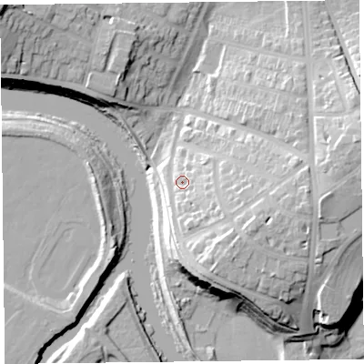 Shaded relief map of the ground around CA39NF, computed from Environment Agency LiDAR. The ground here sits at about 20 m above sea level and falls 25 m across the surrounding 800 m. Surface water reaching this point runs off ground lying to the south-east, 9.4 m higher.