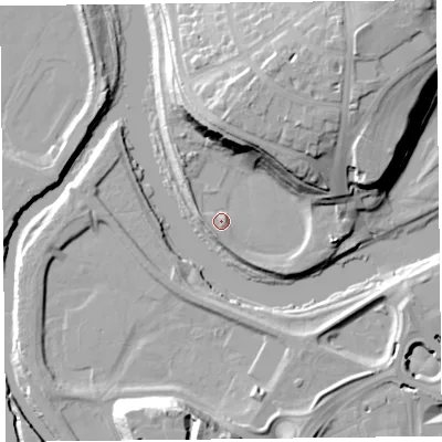 Shaded relief map of the ground around CA39NS, computed from Environment Agency LiDAR. The ground here sits at about 13 m above sea level and falls 25 m across the surrounding 800 m. Surface water reaching this point runs off ground lying to the north-east, 21.1 m higher.