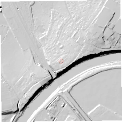Shaded relief map of the ground around CA39PQ, computed from Environment Agency LiDAR. The ground here sits at about 29 m above sea level and falls 29 m across the surrounding 800 m. Surface water reaching this point runs off ground lying to the east, 2.3 m higher.