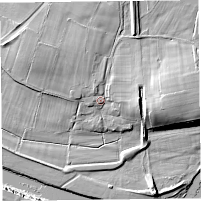 Shaded relief map of the ground around CA39QX, computed from Environment Agency LiDAR. The ground here sits at about 16 m above sea level and falls 17 m across the surrounding 800 m. Surface water reaching this point runs off ground lying to the east, 7.0 m higher.