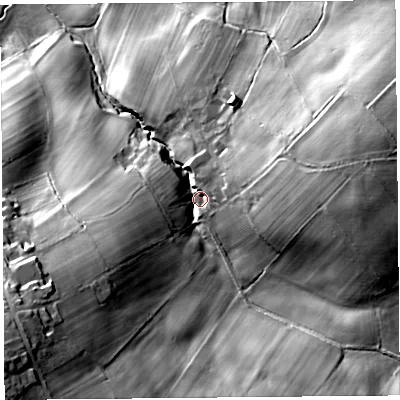 Shaded relief map of the ground around CA40EL, computed from Environment Agency LiDAR. The ground here sits at about 84 m above sea level and falls 43 m across the surrounding 800 m. Surface water reaching this point runs off ground lying to the south-west, 22.8 m higher.