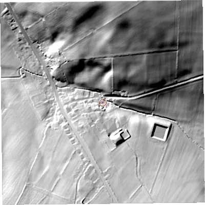 Shaded relief map of the ground around CA40EU, computed from Environment Agency LiDAR. The ground here sits at about 98 m above sea level and falls 69 m across the surrounding 800 m. Surface water reaching this point runs off ground lying to the north-north-east, 61.5 m higher.