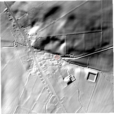 Shaded relief map of the ground around CA40HA, computed from Environment Agency LiDAR. The ground here sits at about 97 m above sea level and falls 71 m across the surrounding 800 m. Surface water reaching this point runs off ground lying to the north-north-east, 64.6 m higher.
