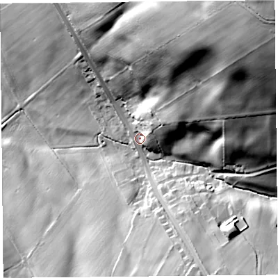 Shaded relief map of the ground around CA40HG, computed from Environment Agency LiDAR. The ground here sits at about 96 m above sea level and falls 82 m across the surrounding 800 m. Surface water reaching this point runs off ground lying to the north-east, 73.3 m higher.