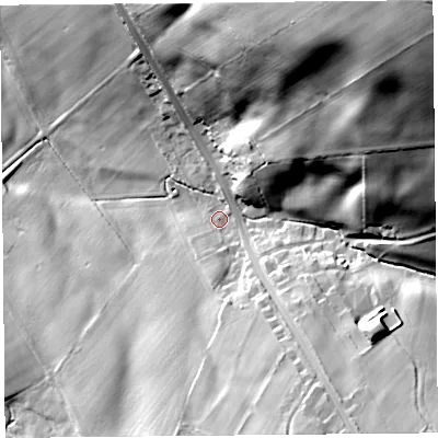 Shaded relief map of the ground around CA40HH, computed from Environment Agency LiDAR. The ground here sits at about 94 m above sea level and falls 77 m across the surrounding 800 m. Surface water reaching this point runs off ground lying to the north-east, 68.2 m higher.