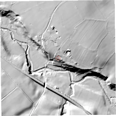 Shaded relief map of the ground around CA40JJ, computed from Environment Agency LiDAR. The ground here sits at about 108 m above sea level and falls 38 m across the surrounding 800 m. Surface water reaching this point runs off ground lying to the north-east, 22.8 m higher.
