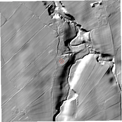Shaded relief map of the ground around CA40NG, computed from Environment Agency LiDAR. The ground here sits at about 141 m above sea level and falls 23 m across the surrounding 800 m. Surface water reaching this point runs off ground lying to the south-west, 6.7 m higher.