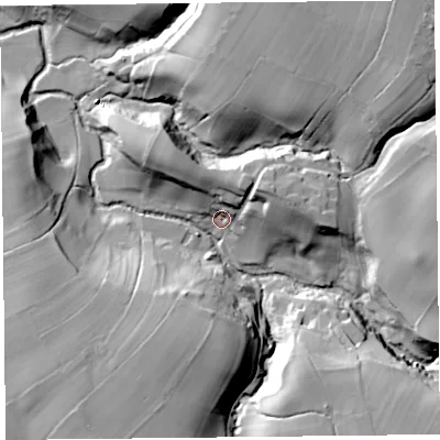 Shaded relief map of the ground around CA40PD, computed from Environment Agency LiDAR. The ground here sits at about 116 m above sea level and falls 36 m across the surrounding 800 m. Surface water reaching this point runs off ground lying to the east-north-east, 18.1 m higher.