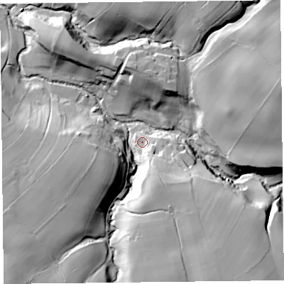 Shaded relief map of the ground around CA40PE, computed from Environment Agency LiDAR. The ground here sits at about 118 m above sea level and falls 34 m across the surrounding 800 m. Surface water reaching this point runs off ground lying to the south-east, 16.7 m higher.