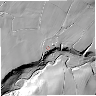Shaded relief map of the ground around CA40PJ, computed from Environment Agency LiDAR. The ground here sits at about 118 m above sea level and falls 48 m across the surrounding 800 m. Surface water reaching this point runs off ground lying to the east-north-east, 4.4 m higher.