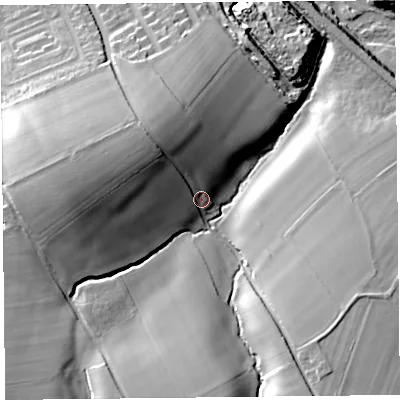 Shaded relief map of the ground around CA40QW, computed from Environment Agency LiDAR. The ground here sits at about 40 m above sea level and falls 31 m across the surrounding 800 m. Surface water reaching this point runs off ground lying to the west-north-west, 17.6 m higher.
