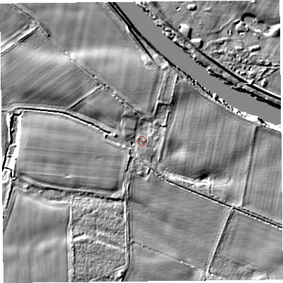 Shaded relief map of the ground around CA48AP, computed from Environment Agency LiDAR. The ground here sits at about 19 m above sea level and falls 7 m across the surrounding 800 m. Surface water reaching this point runs off ground lying to the east-south-east, 3.4 m higher.
