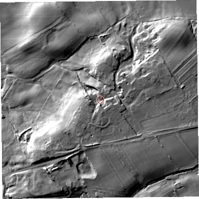 Shaded relief map of the ground around CA48AQ, computed from Environment Agency LiDAR. The ground here sits at about 36 m above sea level and falls 24 m across the surrounding 800 m. Surface water reaching this point runs off ground lying to the east-south-east, 4.2 m higher.